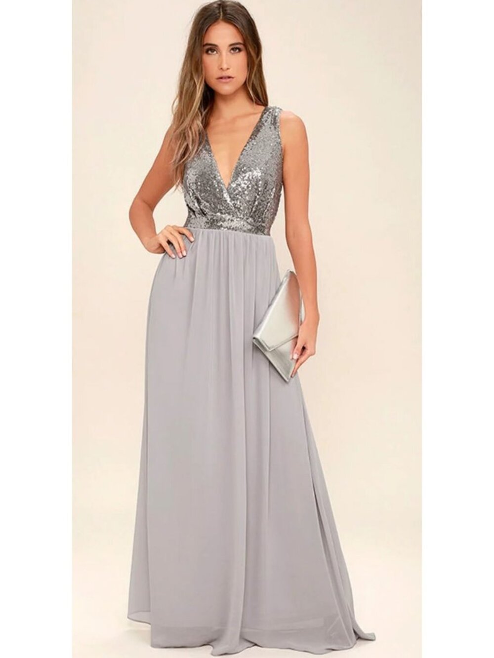 Lulus Elegant Encounter Pewter Gray Sequin Maxi Dress Women's Size Small NWT!
